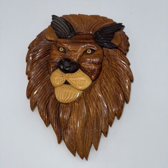 Intarsia Wood Handcrafted Lion Wall Art Hanging Plaque King Of The Jungle 9” - Picture 10 of 13